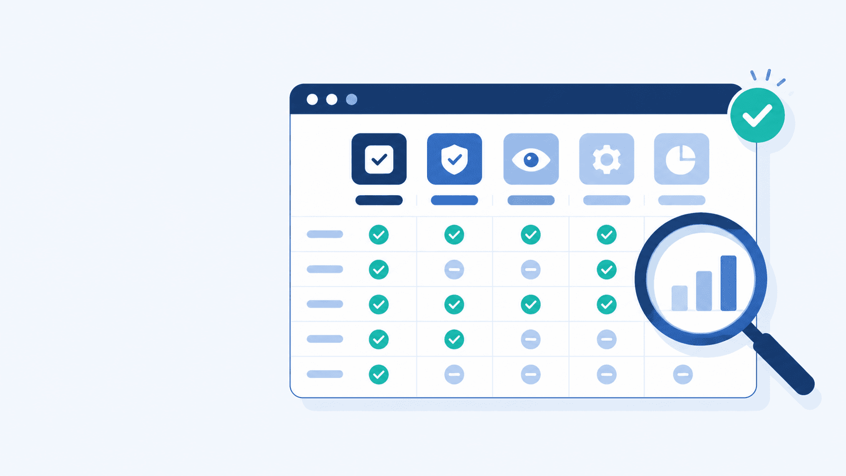 Flat illustration of a feature comparison table with checkmarks and magnifying glass