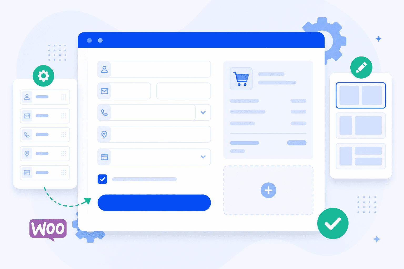 Flat illustration: customize WooCommerce checkout page fields, layout, and payment section