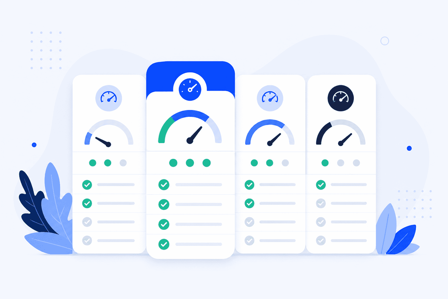 Flat illustration: Pingdom alternatives comparison : monitoring gauges and checkmarks