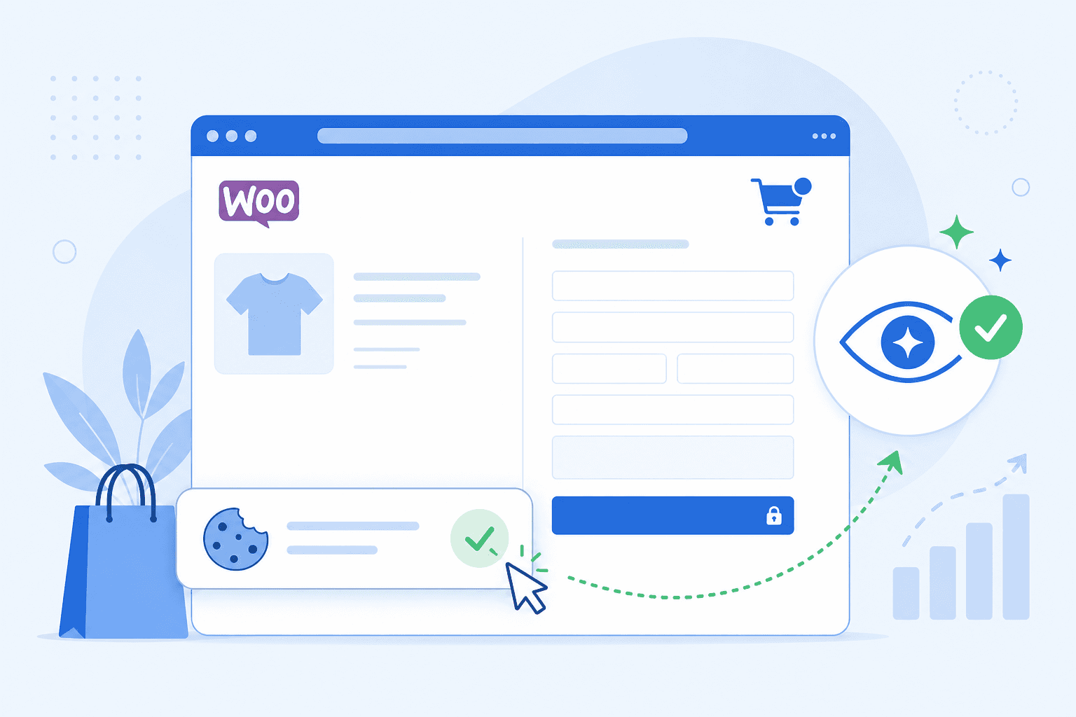 Flat illustration of a browser checkout with cookie banner dismissed, cart icon, and AI verification checkmark