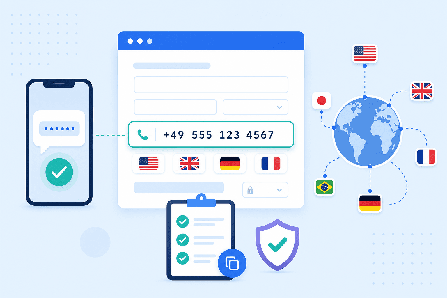 Flache Illustration eines Checkout-Formulars mit internationalem Telefonnummernfeld, Länderflaggen, SMS-Verifizierung und Validierungs-Häkchen