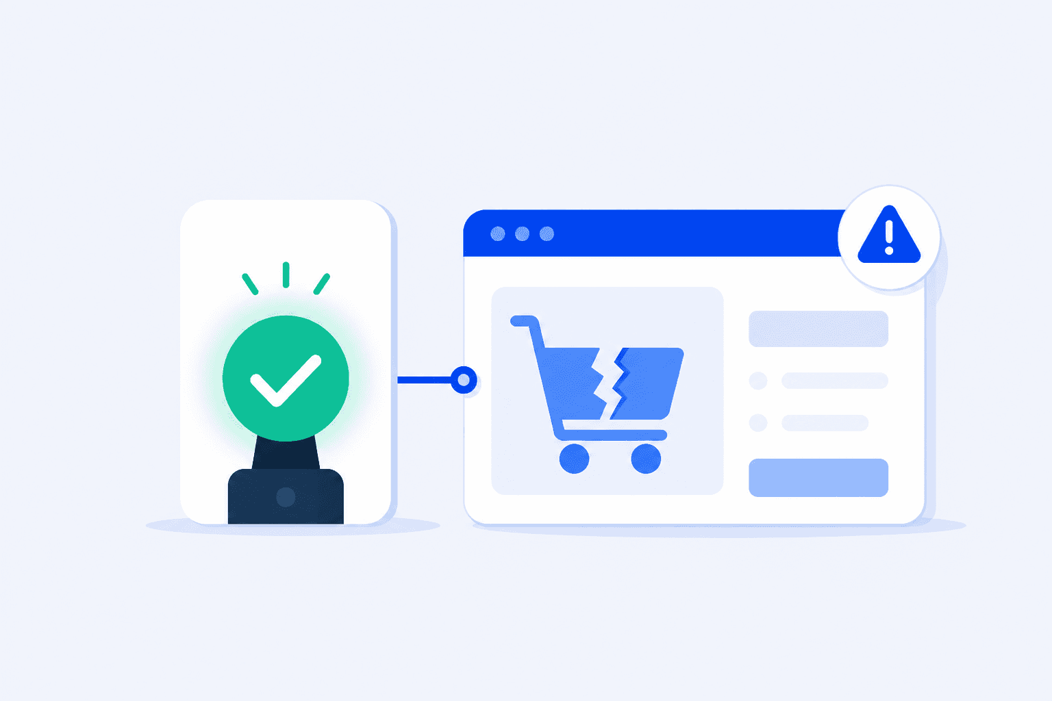 Flat illustration: Uptime green light versus broken checkout cart metaphor