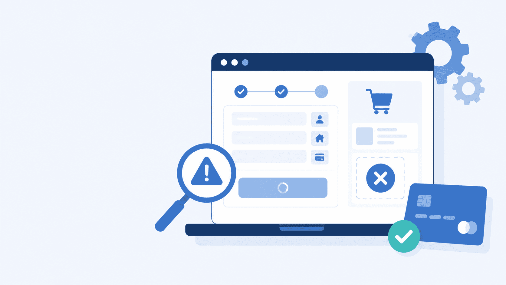 Flache Illustration eines Laptop-Checkout-Formulars mit Lade-Spinner, Warnsymbol und fehlgeschlagenem Warenkorb