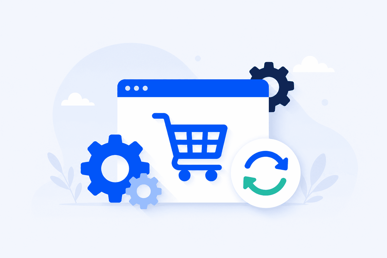 Flat illustration: WooCommerce maintenance service : gears, cart, and update arrows