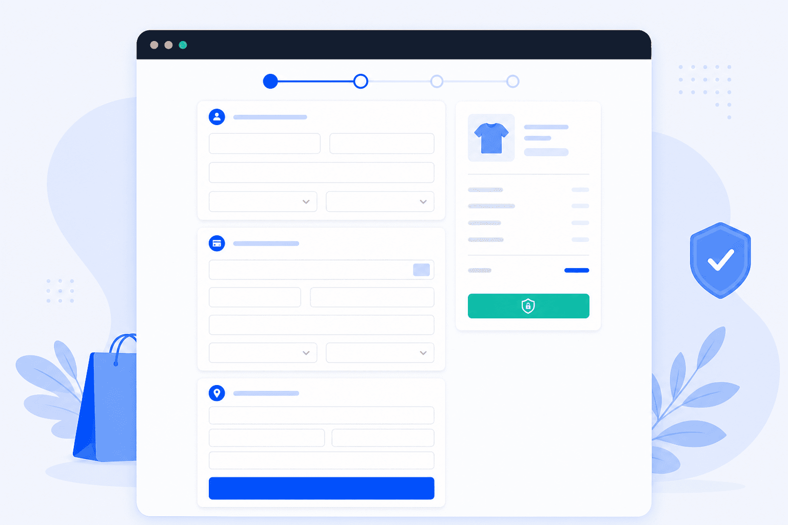 Flat illustration: WooCommerce one page checkout with a single long form and progress steps