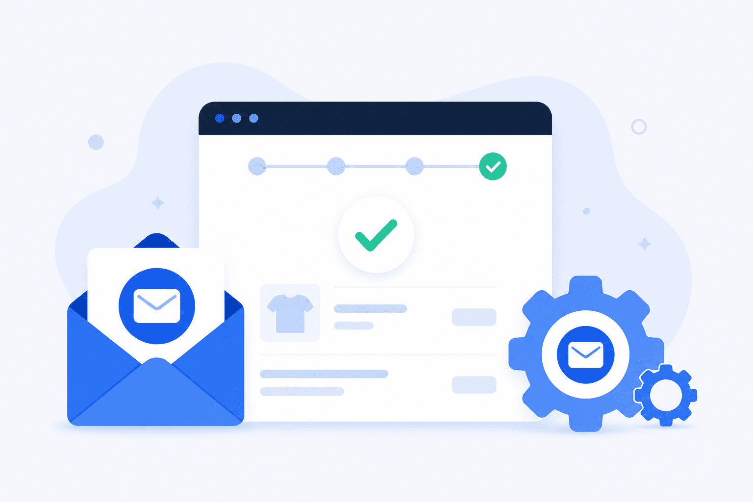 Flat illustration of woocommerce order confirmation email settings with mail and gear icons