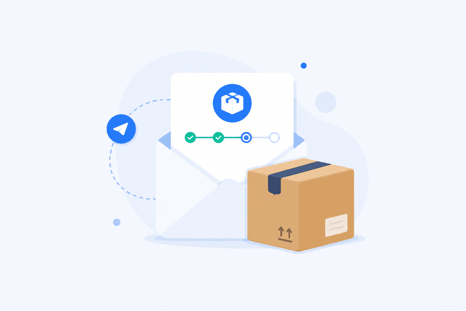 Flat illustration of how WooCommerce sends an automatic shipment tracking email with package and envelope
