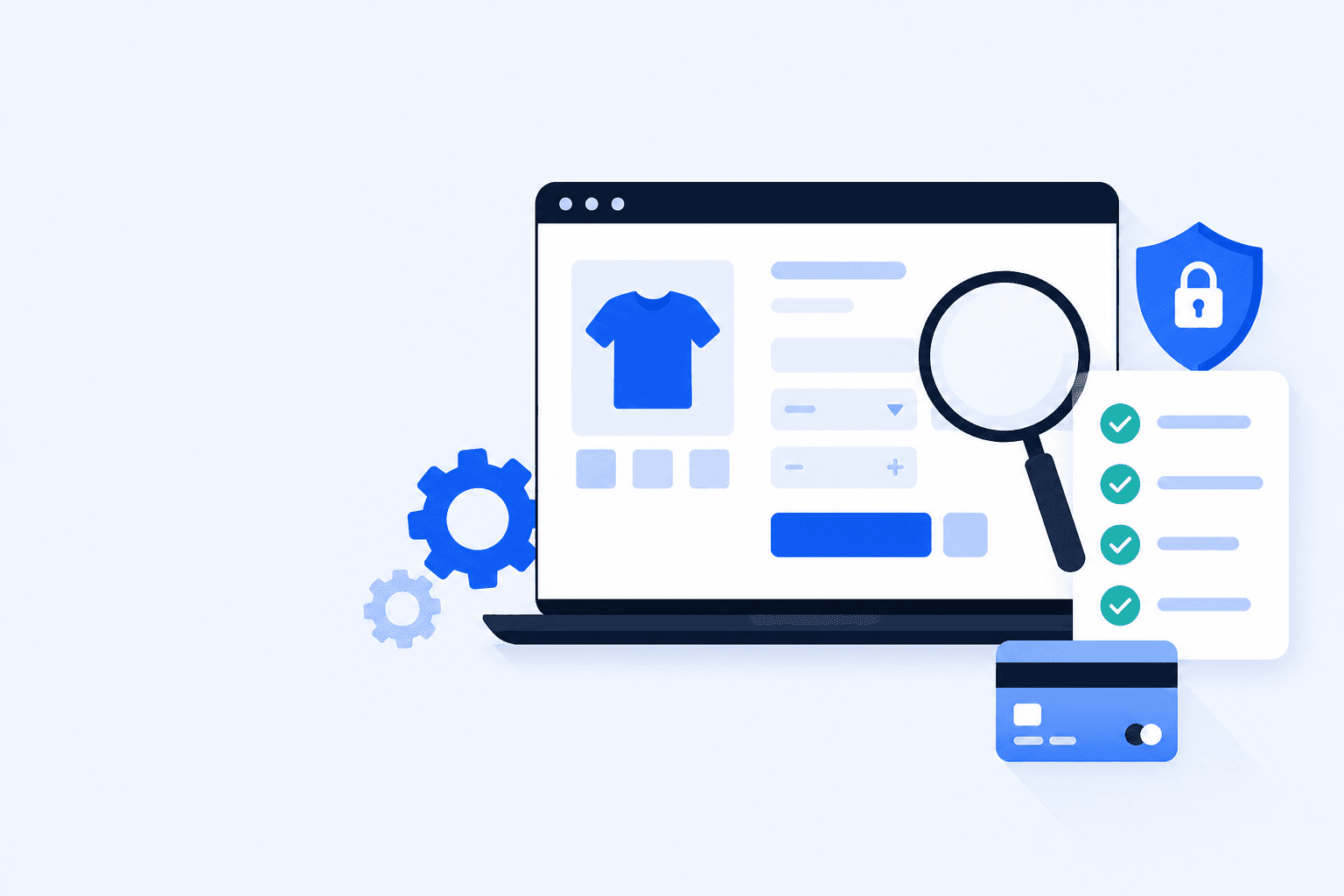 Flat illustration of a complete WooCommerce testing guide with browser, checklist, and magnifying glass