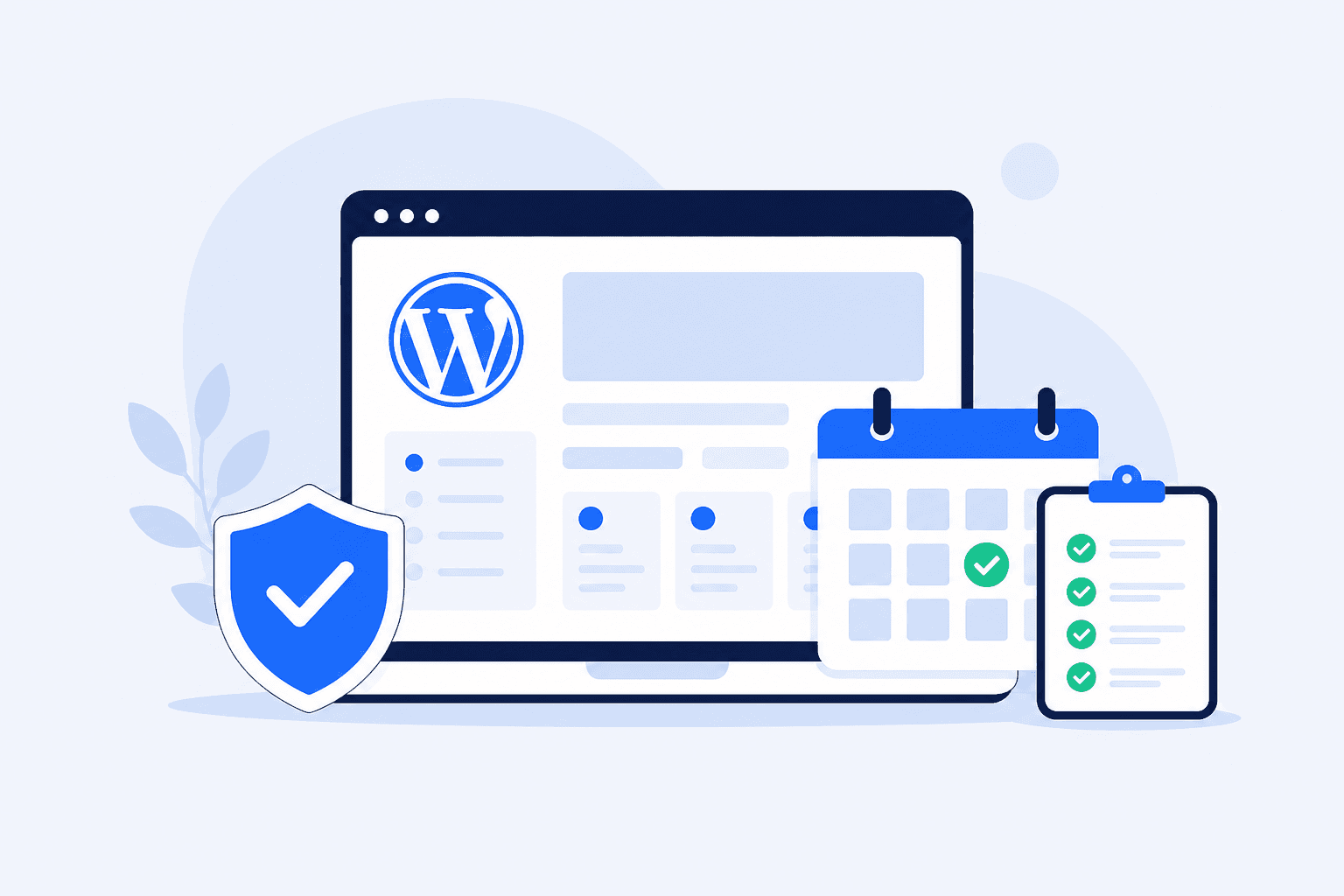 Flat illustration: WordPress care plan checklist : browser, shield, calendar, and checkmarks
