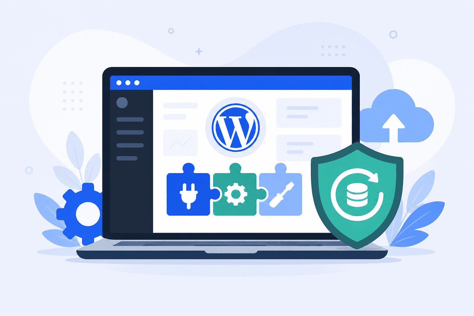 Flat illustration of wordpress maintenance services with laptop, plugins, and backup shield