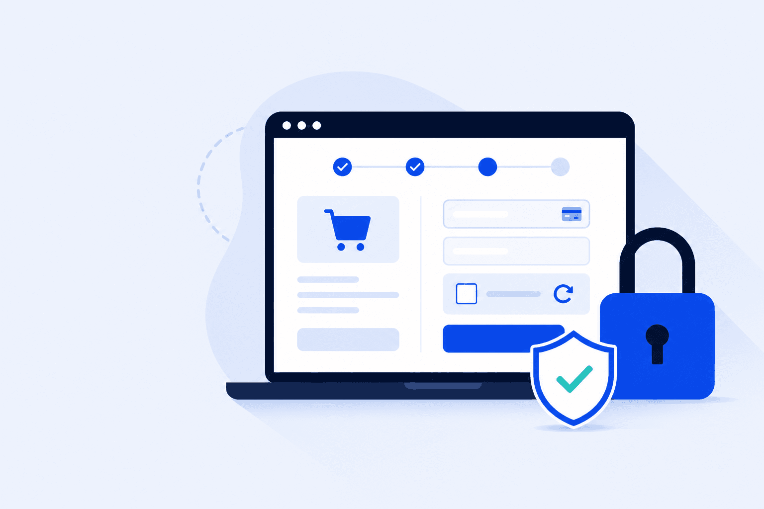 Flat illustration of CAPTCHA interfering with WooCommerce checkout testing — padlock and form