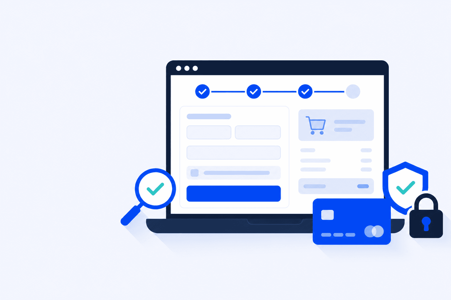 Flat illustration of a WooCommerce checkout flow with test payment card and success checkmarks