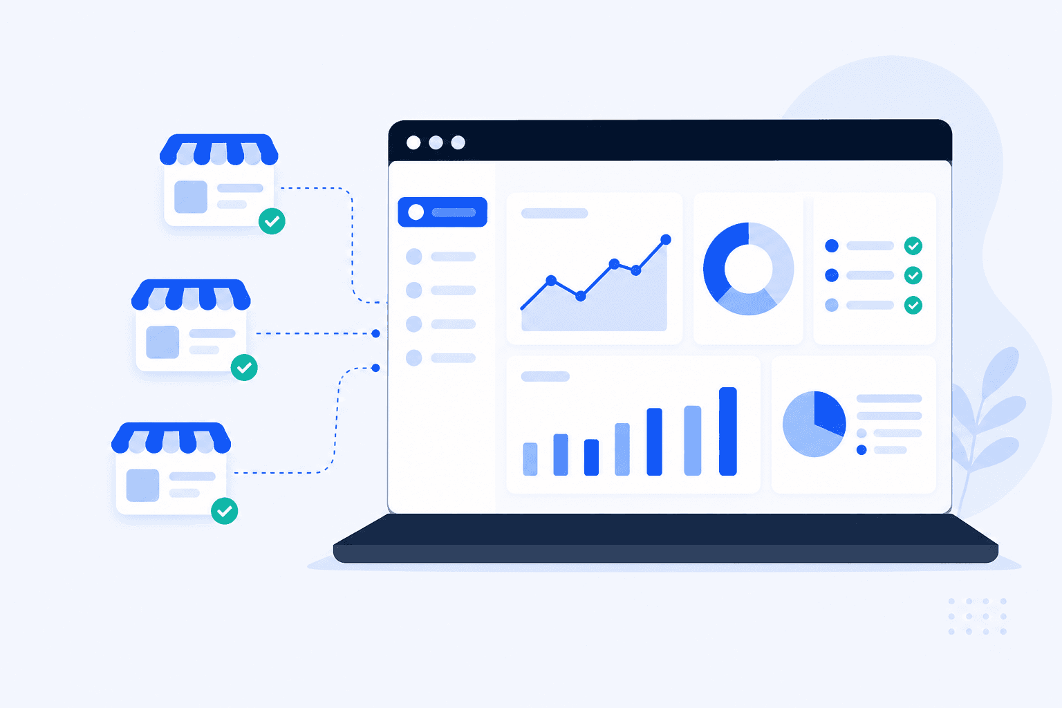 Flat illustration of monitoring multiple WooCommerce stores from one dashboard with charts and checkmarks