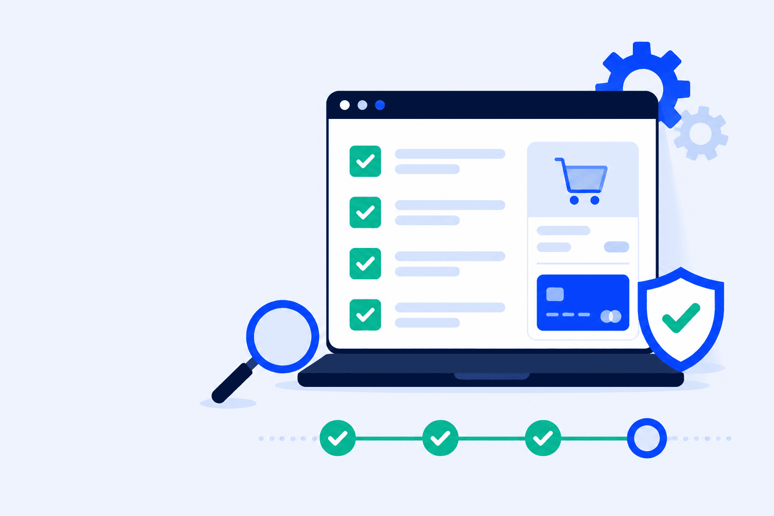 Flat illustration of a WooCommerce pre-launch testing checklist with progress steps and checkmarks