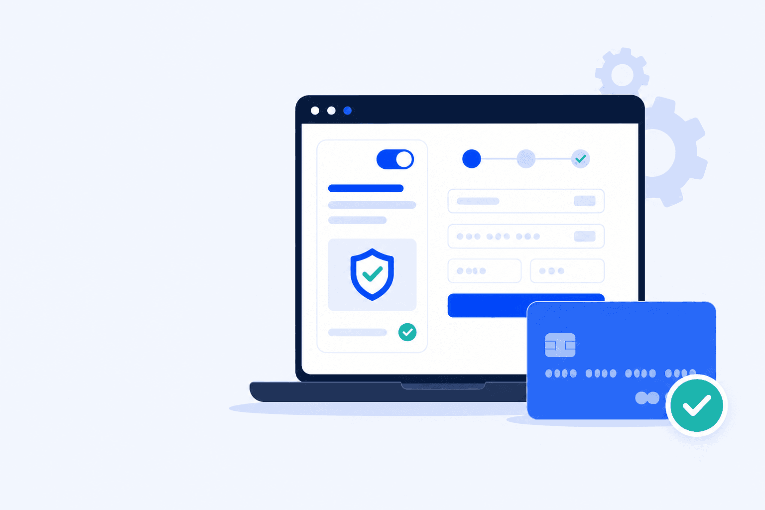 Flat illustration of WooCommerce sandbox payments with a test credit card and success checkmark