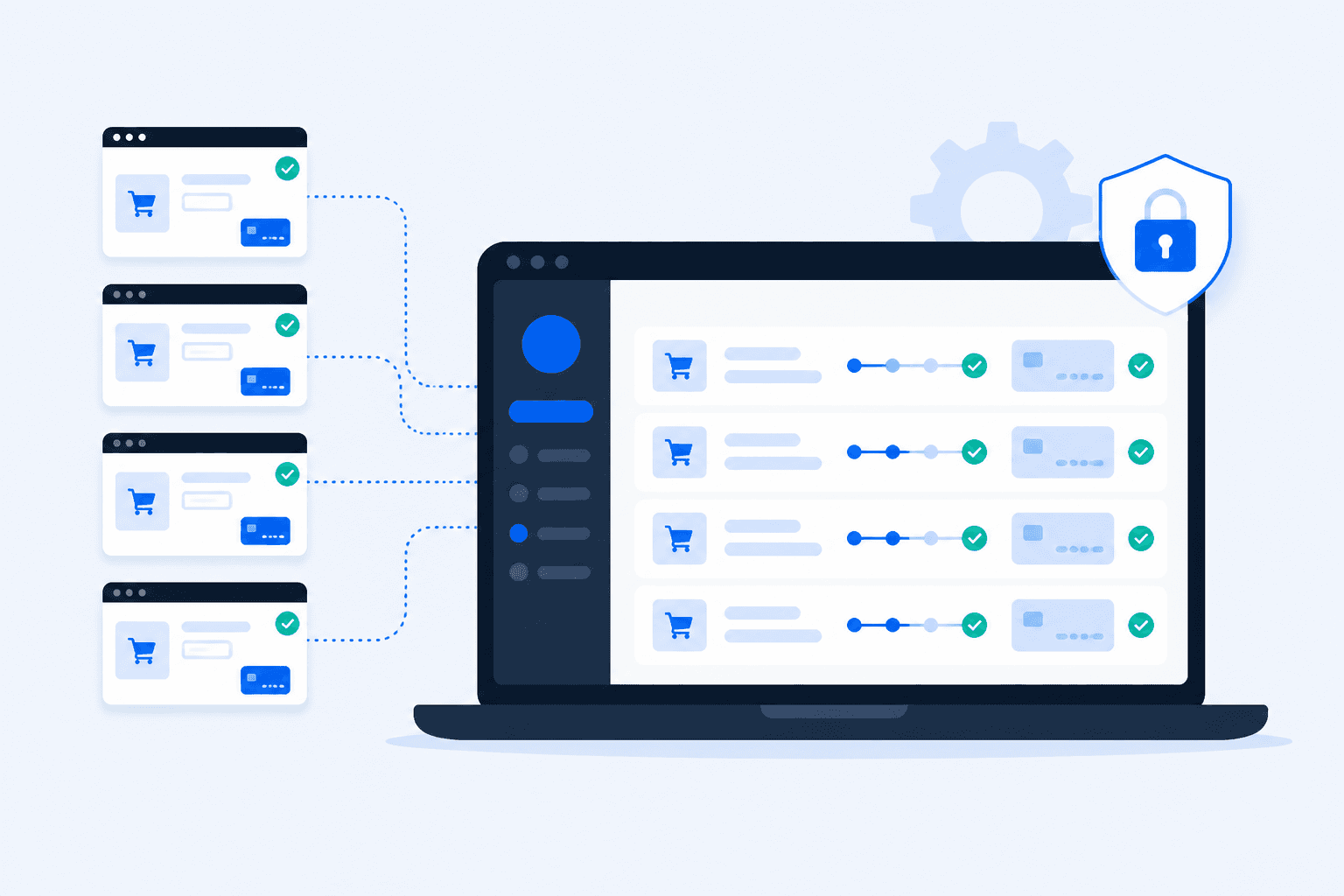 Flat illustration of an agency monitoring many client WooCommerce checkouts from one laptop