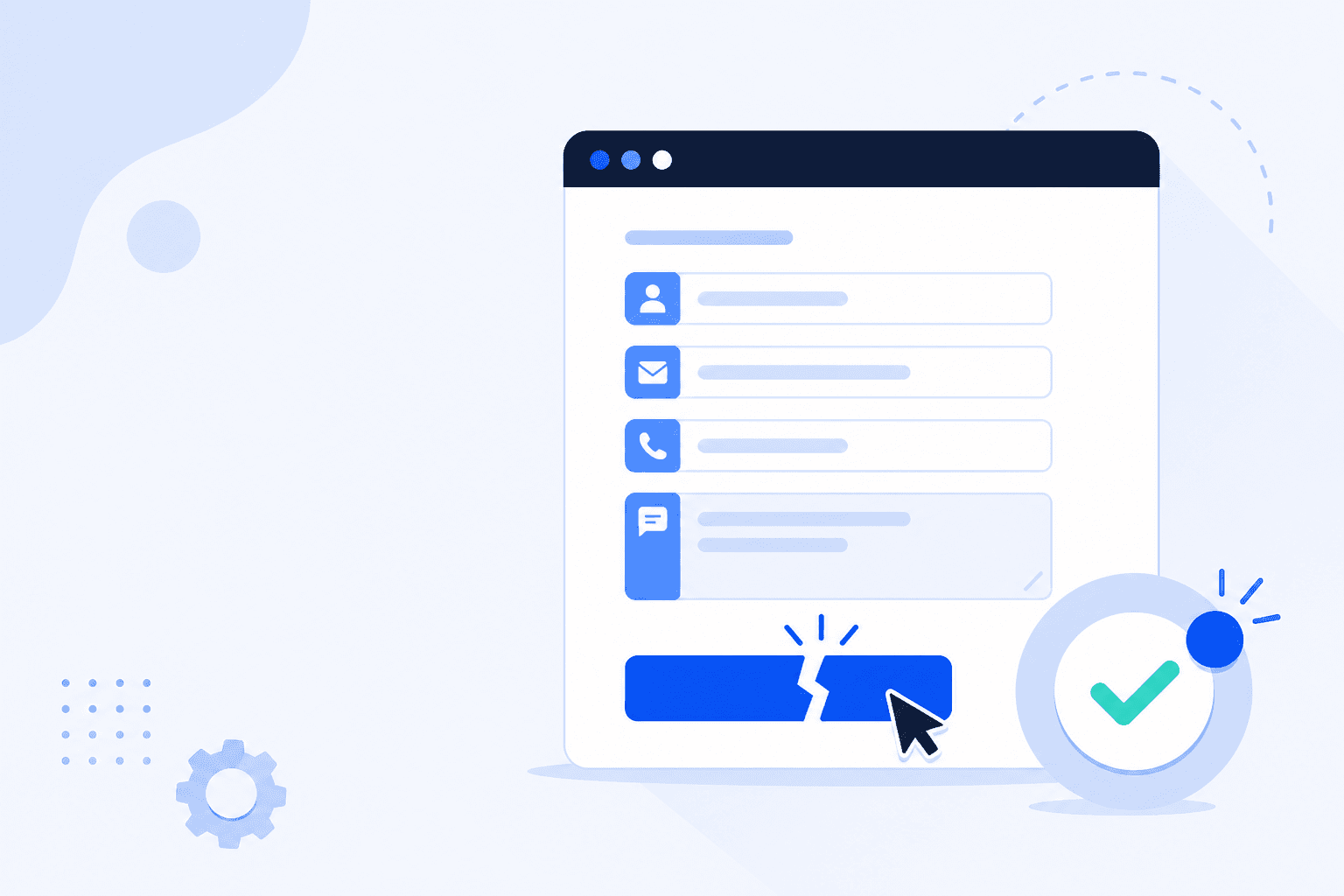 Illustration: WordPress-Formular mit defektem Absenden-Button und Monitoring-Alarm