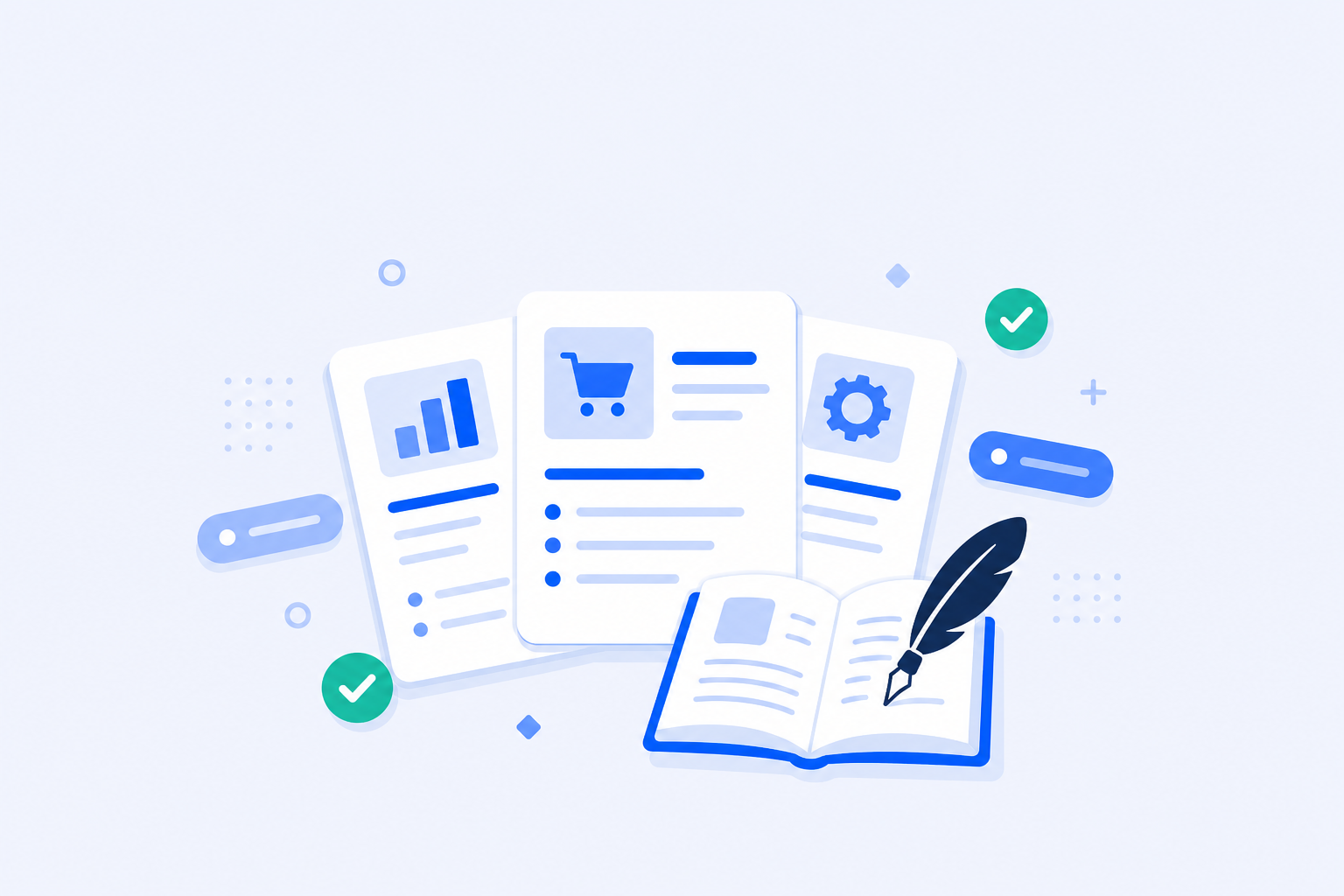Flat illustration of stacked article cards, category tags, and an open book with a quill pen