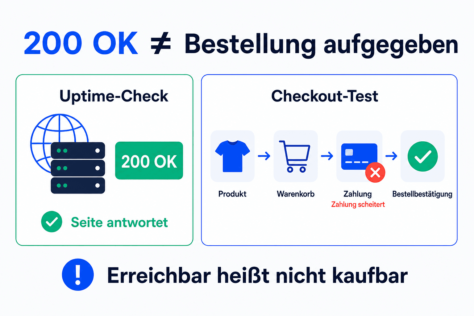 Infografik zum Vergleich einer erfolgreichen Uptime-Prüfung mit einem Checkout-Test, der einen Zahlungsfehler erkennt