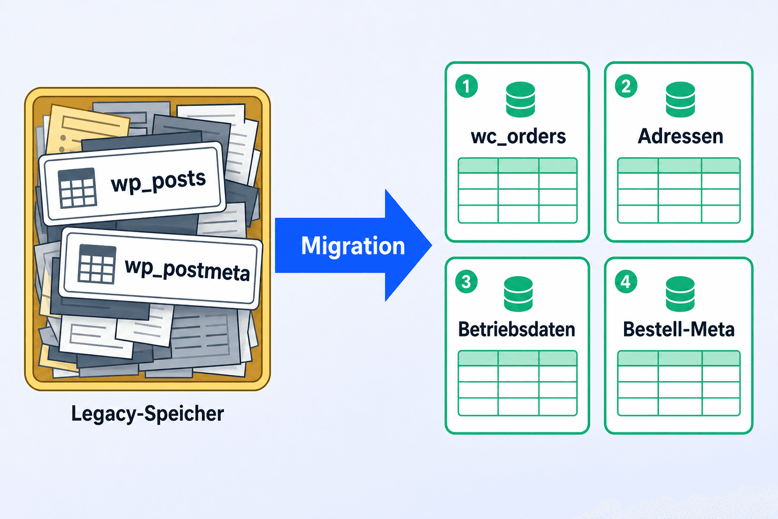 Infografik zur WooCommerce-HPOS-Migration von wp_posts und wp_postmeta zu vier eigenen Bestelltabellen