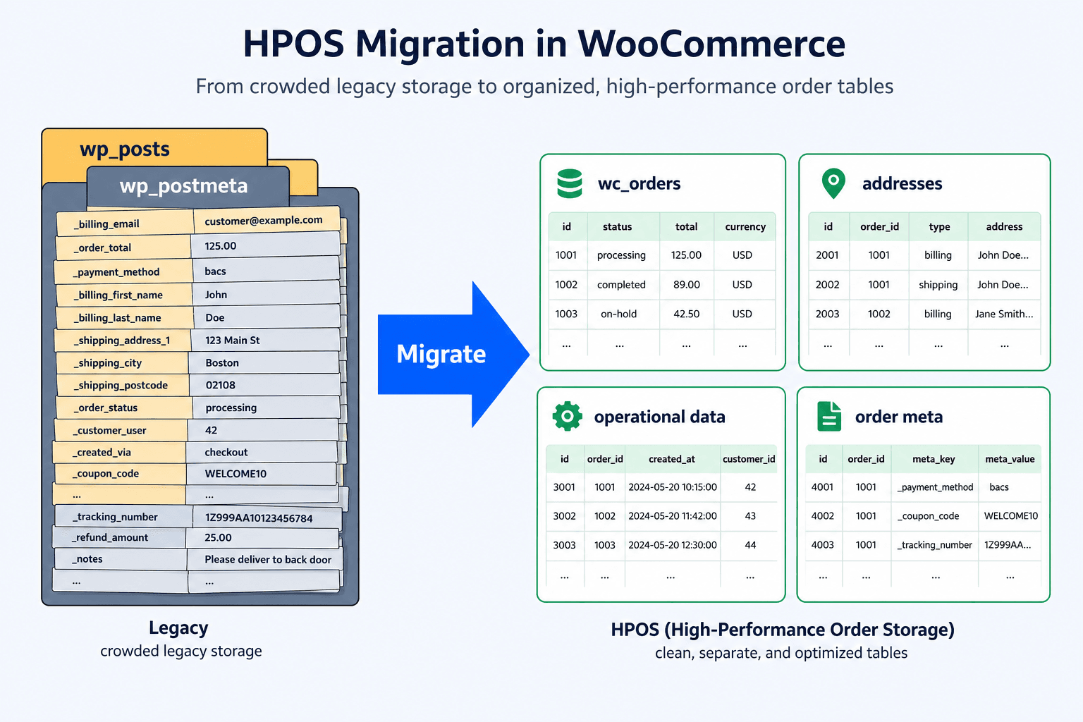 Infographic showing WooCommerce HPOS migration from crowded wp_posts and wp_postmeta to four dedicated order tables
